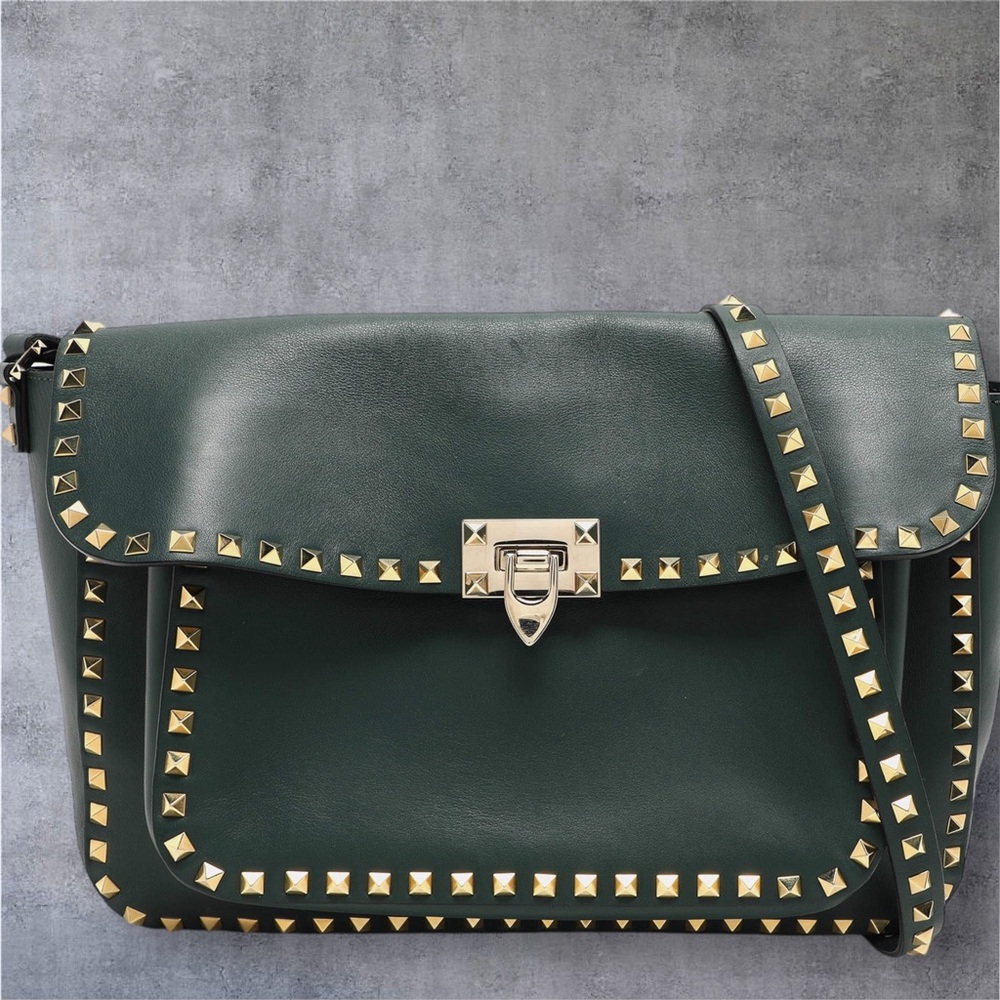 Valentino Green Leather Rockstud Flap Shoulder Bag
